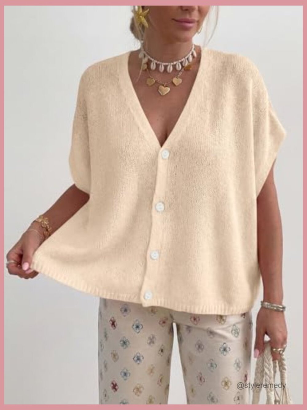 Oversized Cardigan - Batwing Short Sleeve Lightweight Button V Neck Casual Knit - Picture 5 of 7